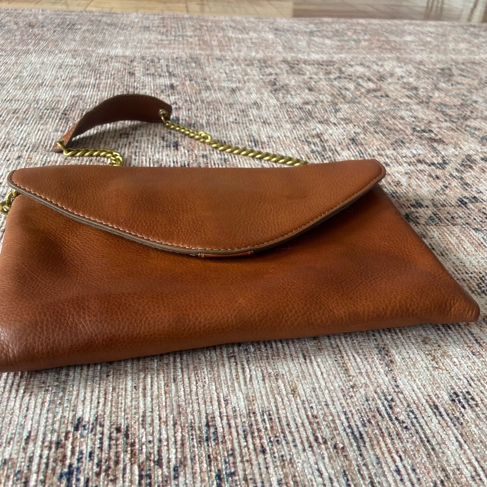 ๐SOLD J. Crew Tan Leather Chain Strap Envelope Clutch Shoulder Bag - Picture 3 of 8